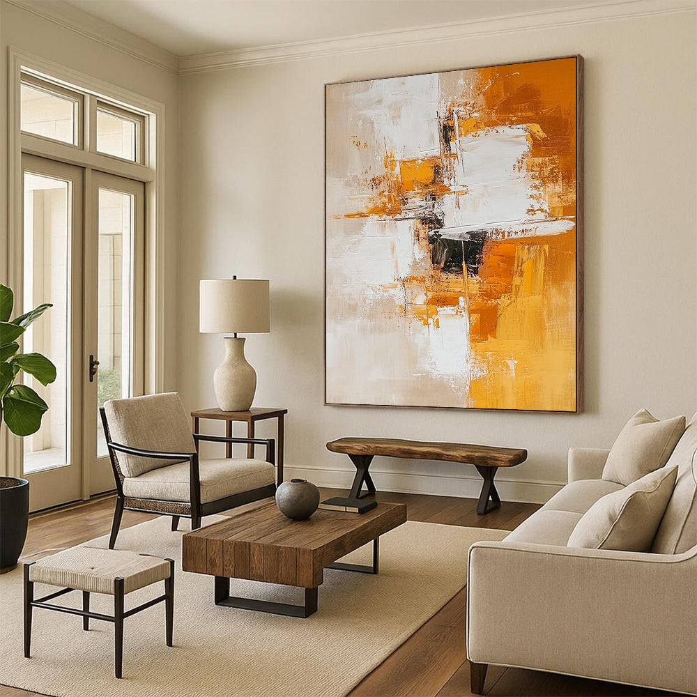 Contemporary hand-painted abstract artwork featuring white and amber tones with geometric shapes creating depth and calmness on a light orange background. DLZ0777