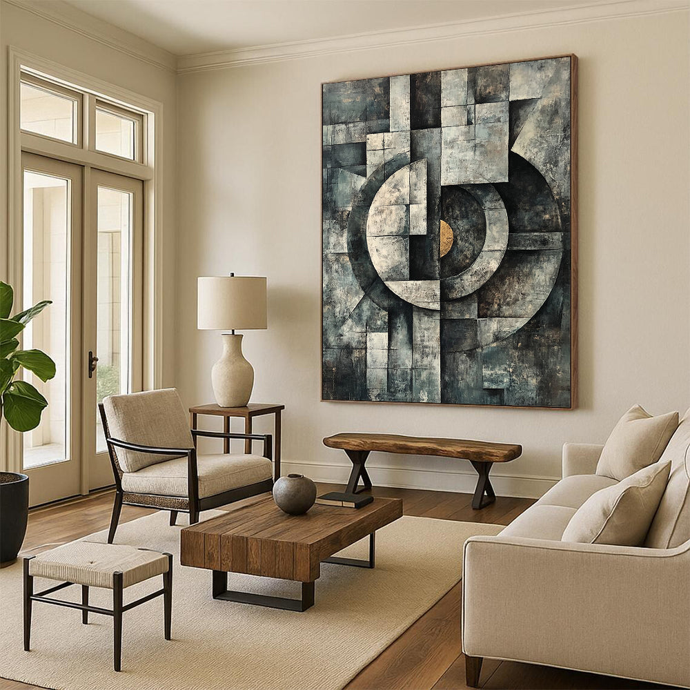 Gray, Black and Gold Geometric Composition "Industrial Harmony" Painting On Canvas HB345