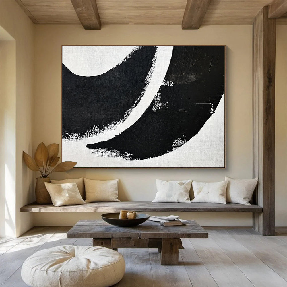 Black and White Curved Abstract Shapes - Graphic Abstract Painting On Canvas HB0493
