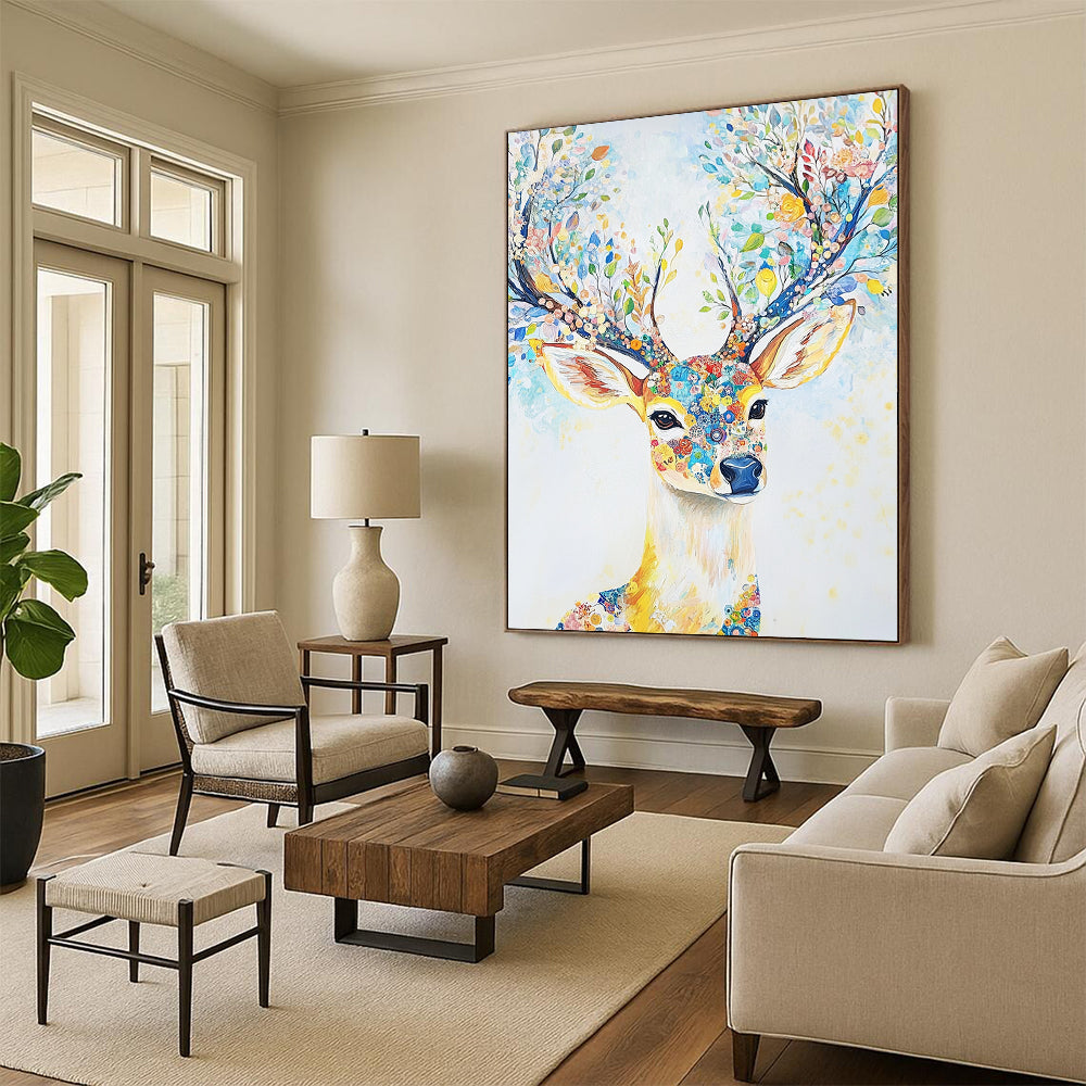 Abstract contemporary artwork features a majestic deer adorned with floral antlers in light blue and yellow tones set against a dreamy white canvas. DLZ1245