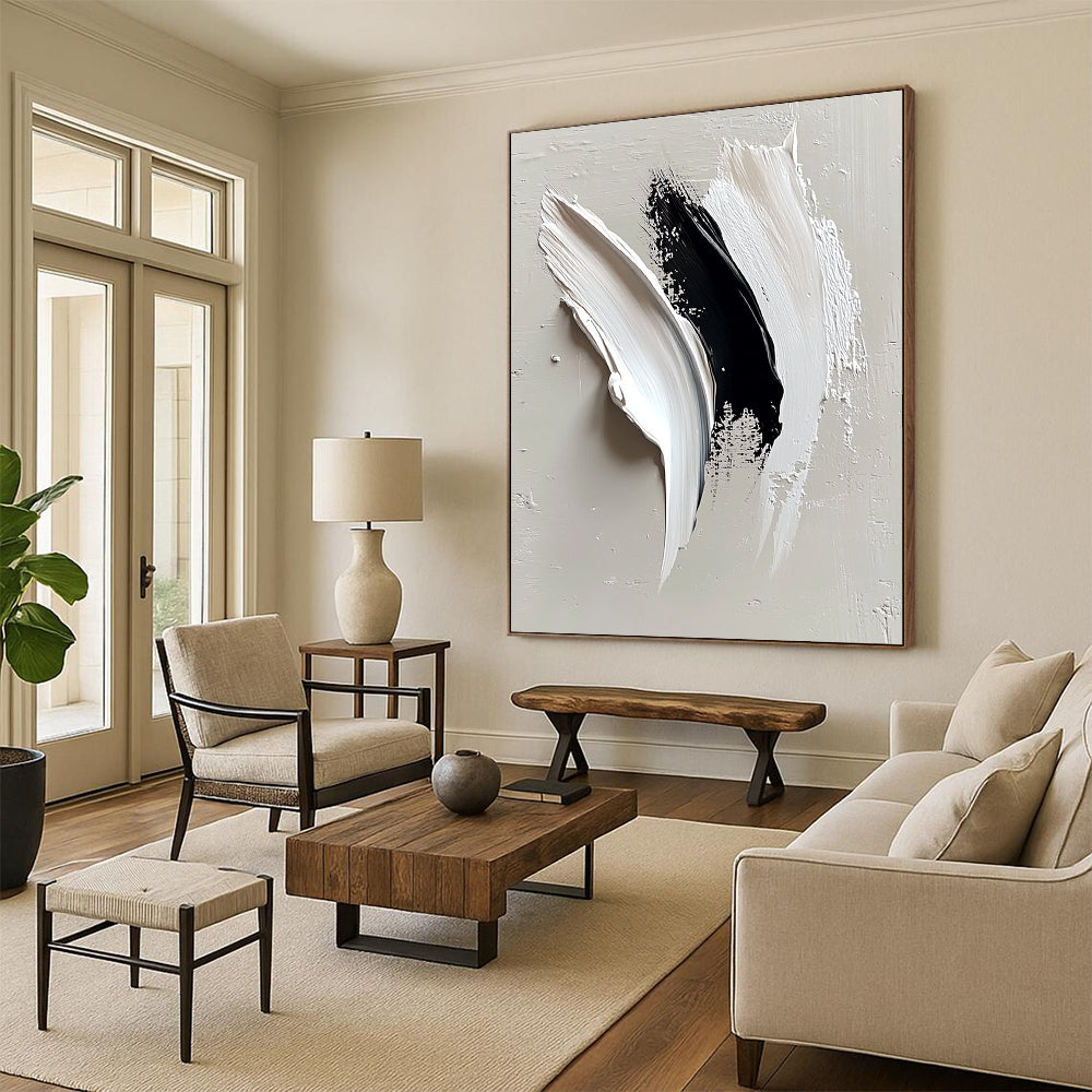 Contemporary abstract painting featuring minimalist white and black strokes on light gray, symbolizing an eagle's wing with a blend of elegance and strength. DLZ0664