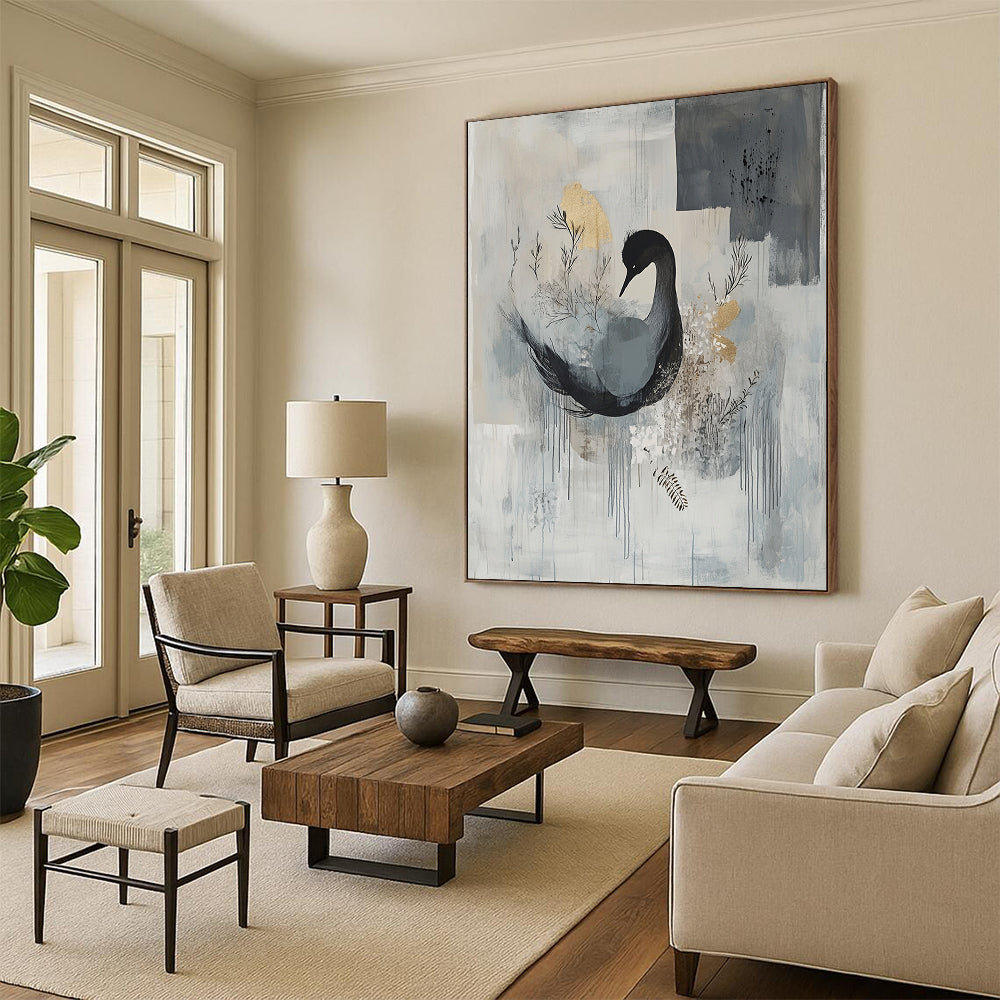Gray, Blue & Gold with Black Swan - “Elegant Avian Serenity” Painting On Canvas HB207