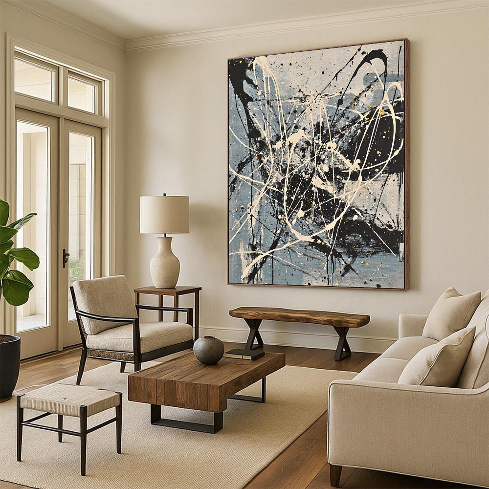 Gray, Black, White, Yellow, Splattered Cords "Dynamic Network" Abstract Expressionist Painting On Canvas HB066