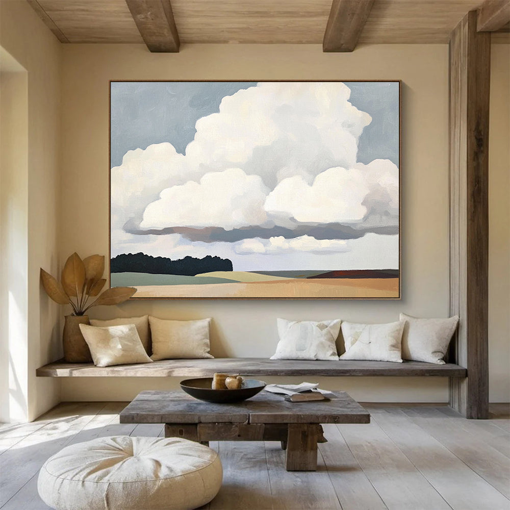 “Cloudscape Calm” - Soft grays, whites, muted greens, browns; Big fluffy clouds, open fields, trees; Minimalist Landscape Painting On Canvas HB1150
