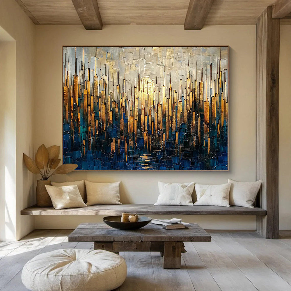 Golden Cityscape with Moon - Oversized Modern Office Art DLZ172