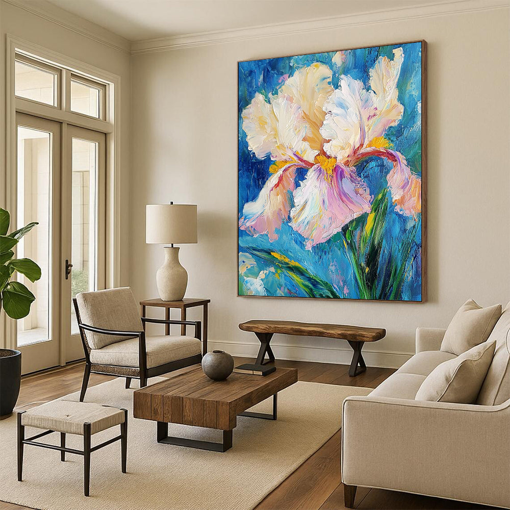 Contemporary abstract art featuring an iris flower with thick impasto brush strokes in white and pink, yellow hints, and teal green leaves against a blue background. DLZ1671