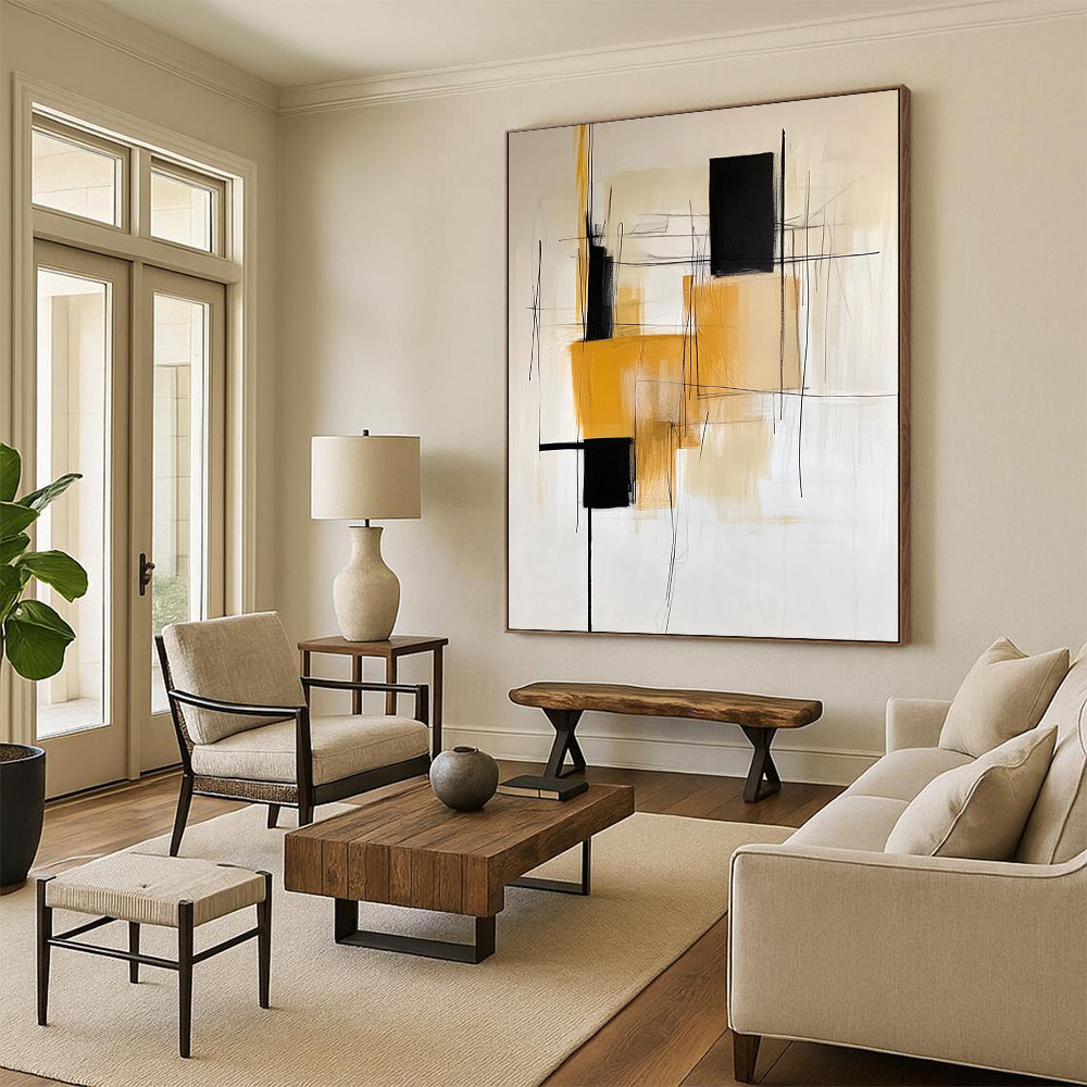 Contemporary abstract painting featuring a white background with minimalistic black yellow orange and beige lines and a single square shape on the left. DLZ1023