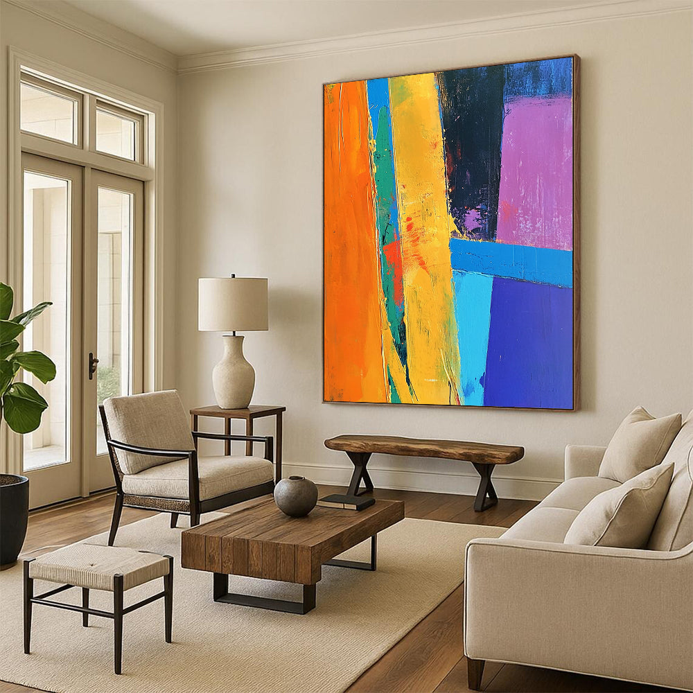 Contemporary hand-painted abstract art features vibrant blue orange yellow with dynamic shapes and lines on a purple background crafted in thick acrylic strokes. DLZ0510
