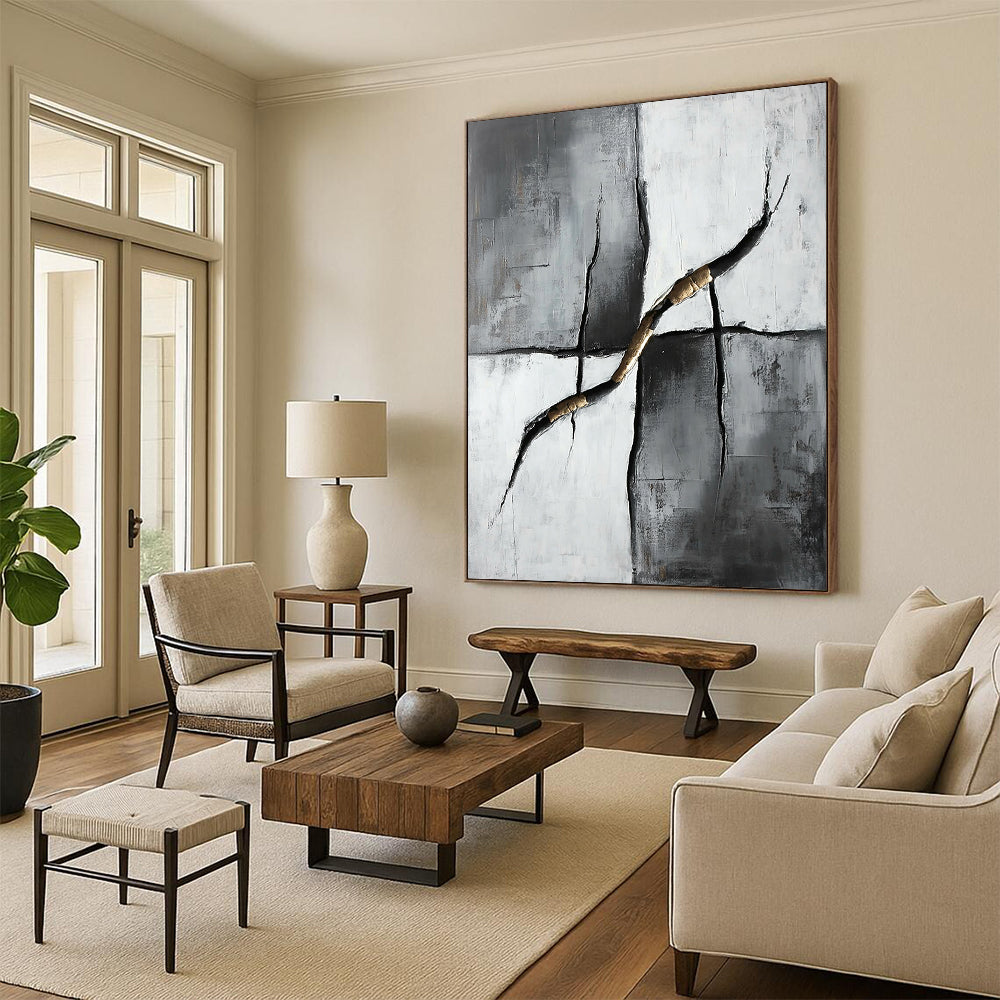 Gray, Black, White and Gold Kintsugi - Inspired "Golden Repair" Painting On Canvas HB359