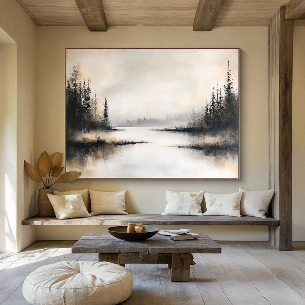 “Foggy Forest Lake” - Black, White, Gray, Silhouetted Trees and Misty Water Painting On Canvas HB0918