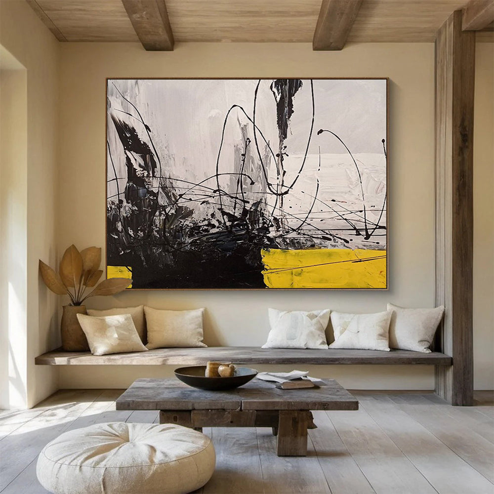 Black - White - Yellow Abstract Lines - Bold Modern Decor DLZ008