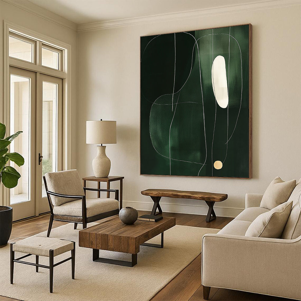 Contemporary abstract art featuring minimalist shapes on dark green, accented by a thin white line and a single light yellow circle. DLZ1606
