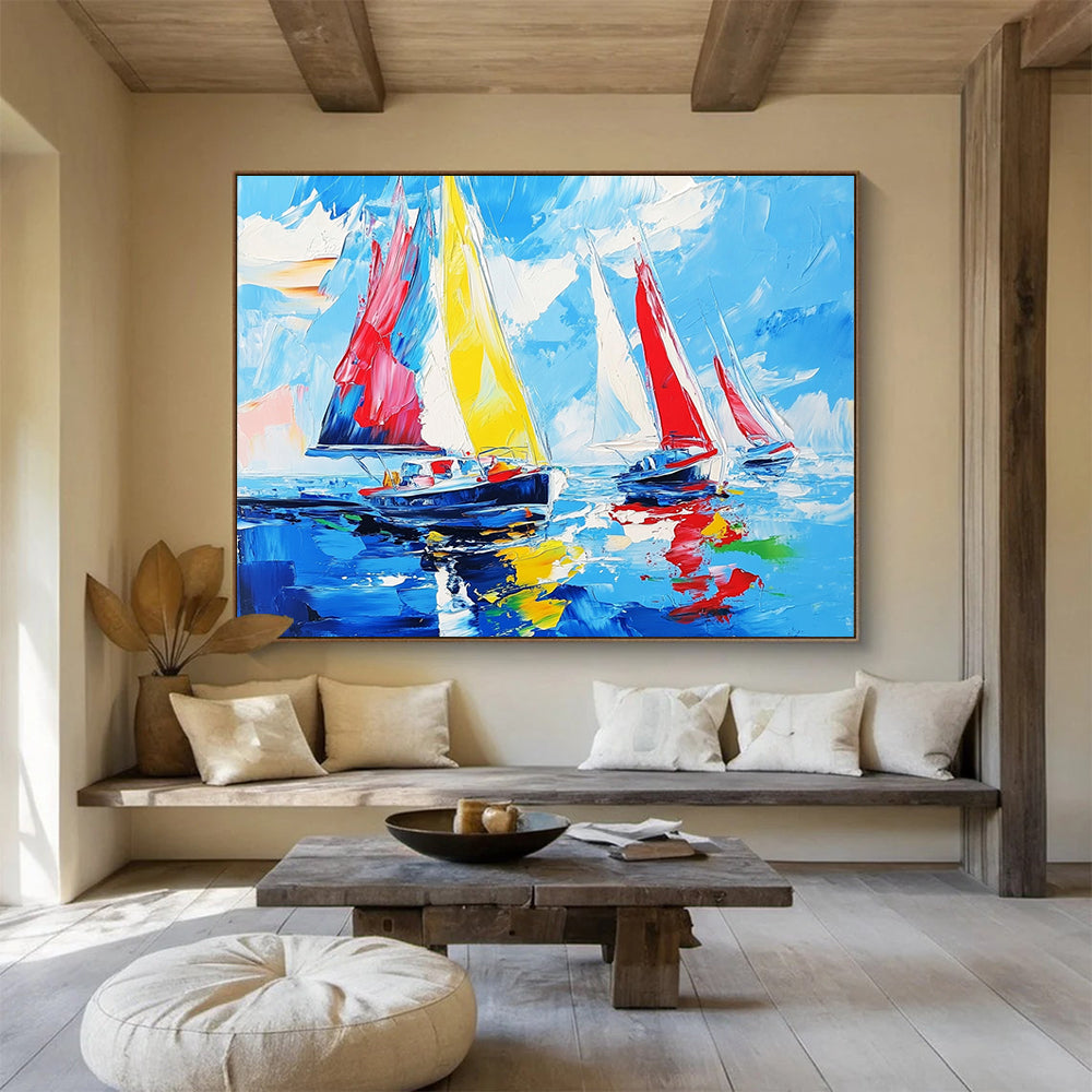 “Colorful Sailboat Race” - Bright Yellows, Reds, Blues, Sailboats on the Sea - Impasto Oil Painting HB1732