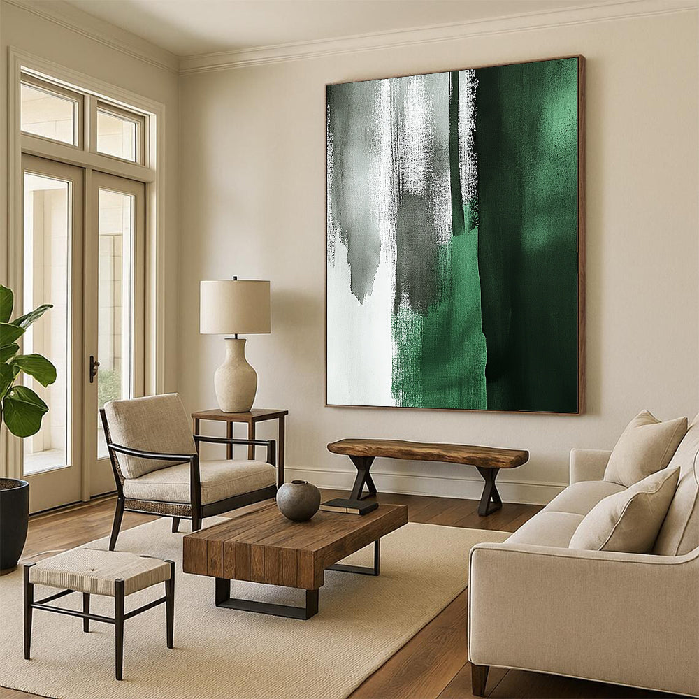 Large contemporary abstract painting featuring emerald green and gray brushstrokes with a minimalist Japandi aesthetic in a vertical format. DLZ1624