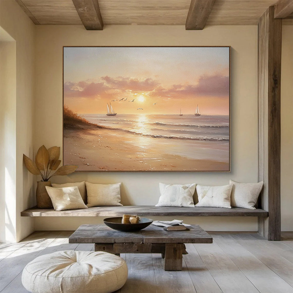 “Serene Sunset Beach” - Oranges, Pinks, Purples, Calm Beach with Sailboats - Realist Oil Painting HB1720