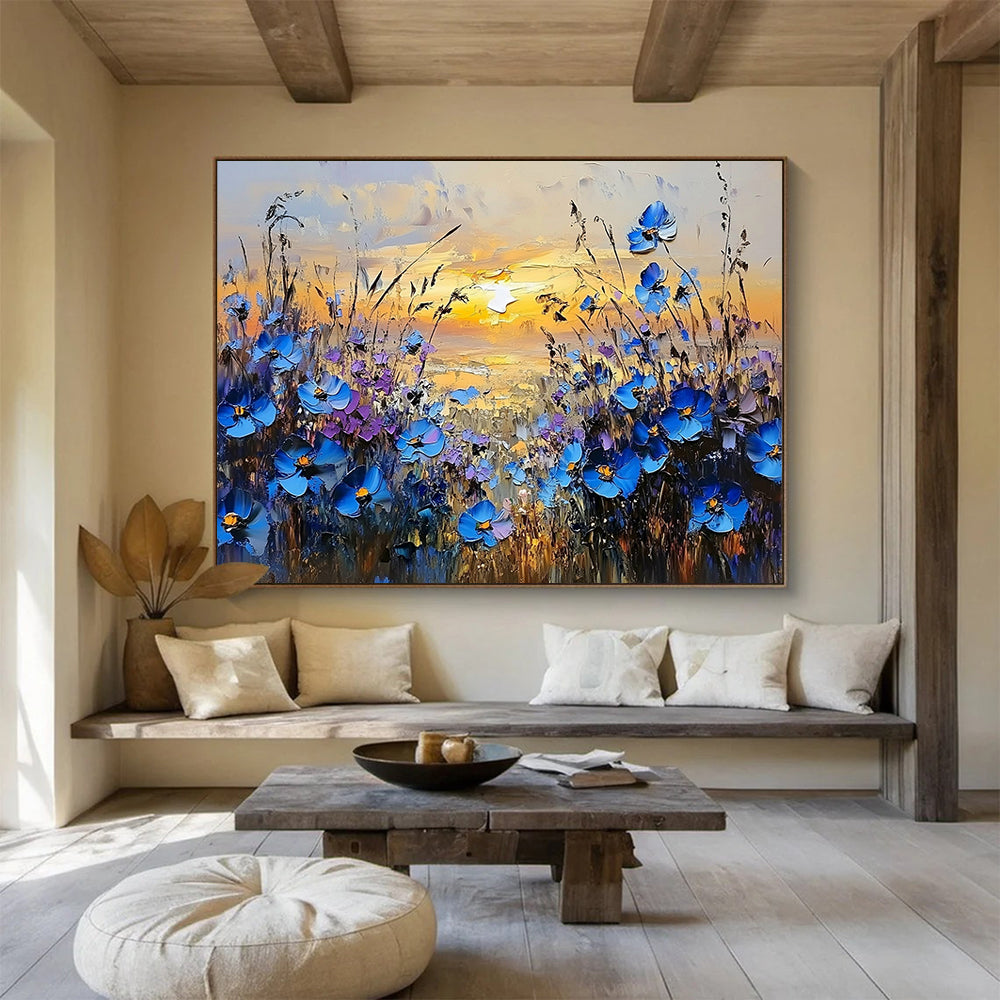 “Blue Flowers at Sunset Landscape” - Blue, Purple, Yellow, Floral Sunset Scene Painting On Canvas HB0846