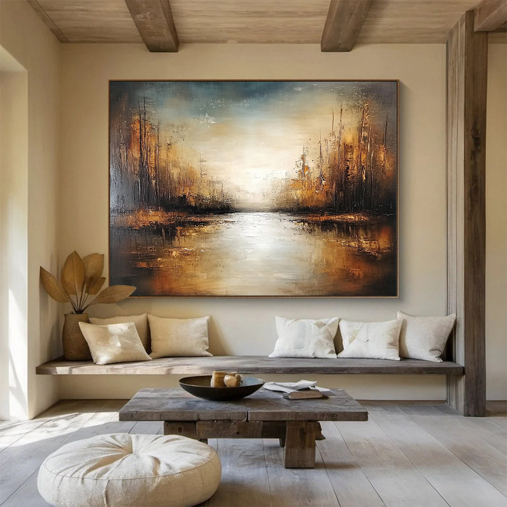 “Golden Forest Stream” - Brown, Gold, Gray, Sunlit Trees and Reflective Stream Painting On Canvas HB0929