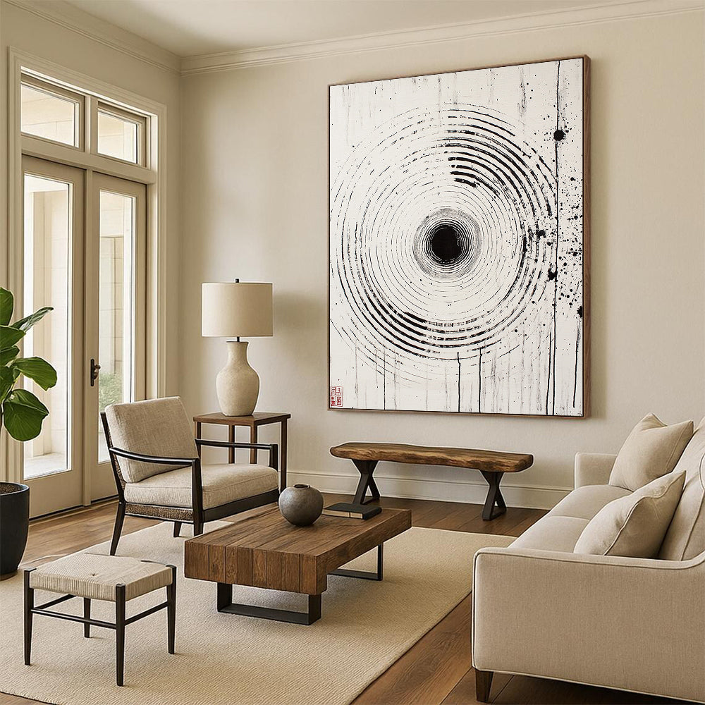 Black Rings with Splashes - “Ink - Wash Universe Rings” Painting On Canvas HB188