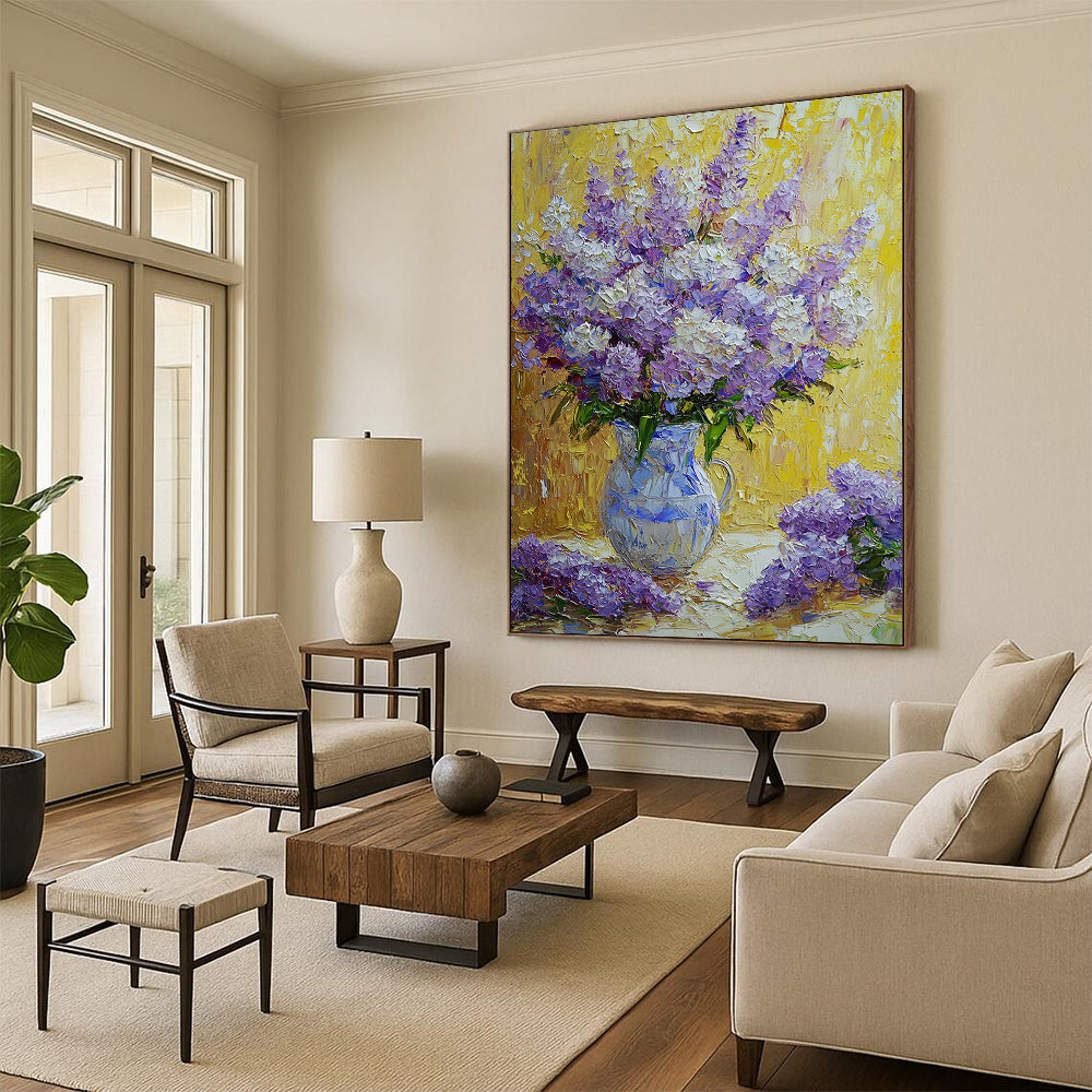 Contemporary hand-painted abstract art featuring vibrant purple and white flowers in a rich impressionist style with soft textured petals and a beautiful yellow background. DLZ1288