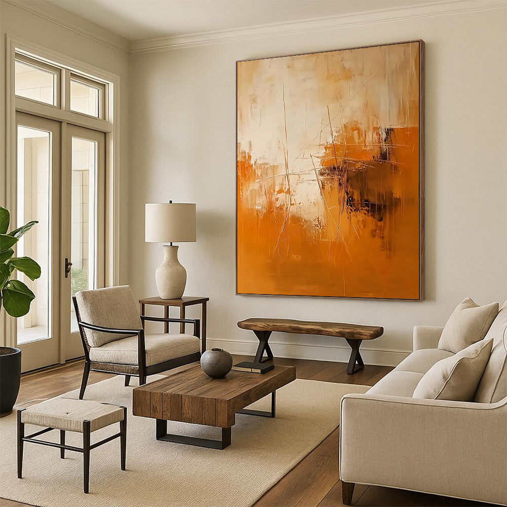 Contemporary hand-painted abstract artwork featuring warm orange and brown tones with textured brushstrokes and dynamic shapes adding depth in beige and white. DLZ1069