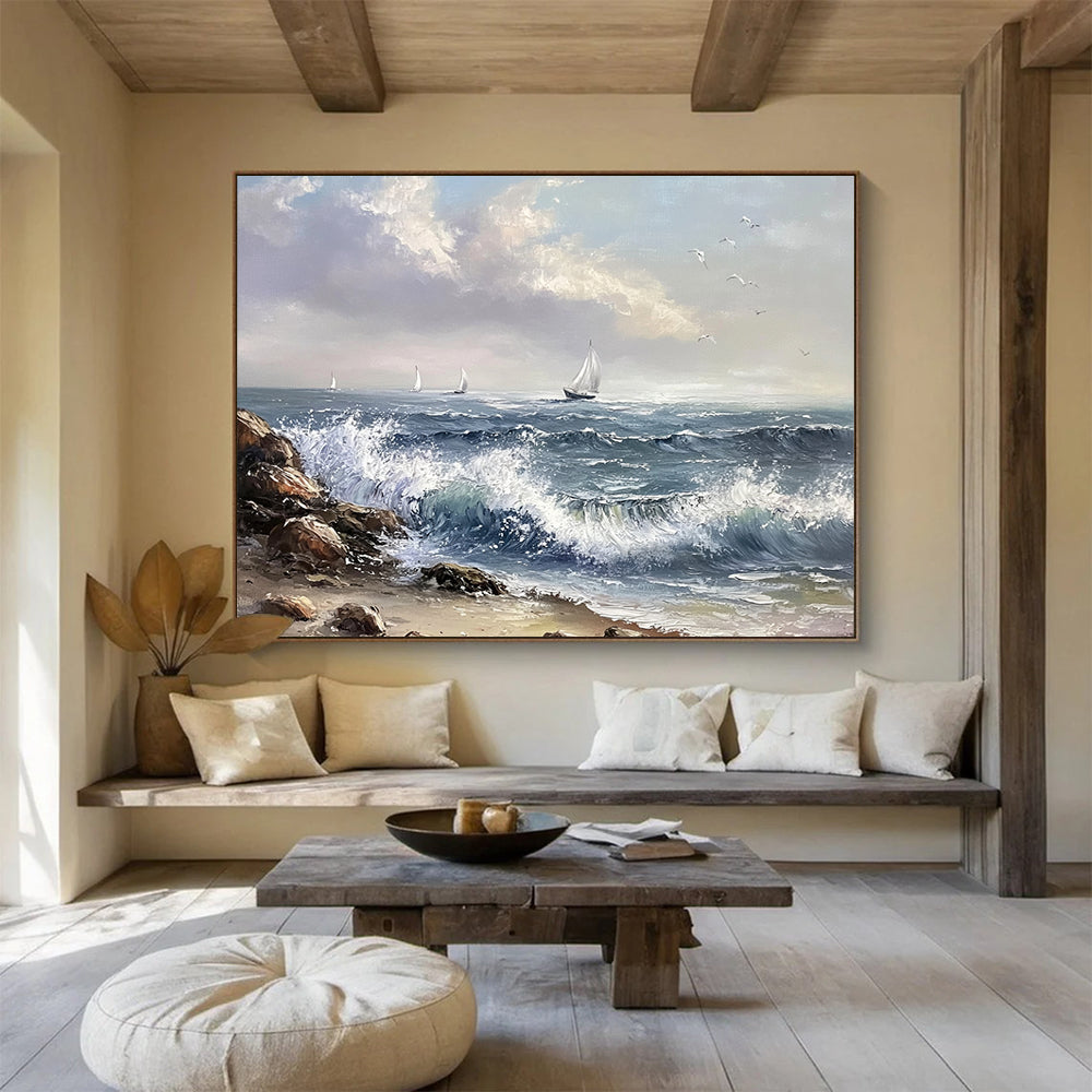 “Sailing Serenity” - Blues, Whites, Greys, Sailboats at Sea - Realist Oil Painting HB1605