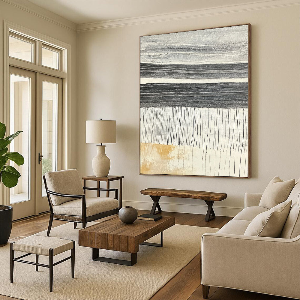 Contemporary abstract artwork showcasing textured stone slabs with dark gray horizontal ridges against a light gray background highlighting vibrant yellow chalk strokes. DLZ1224