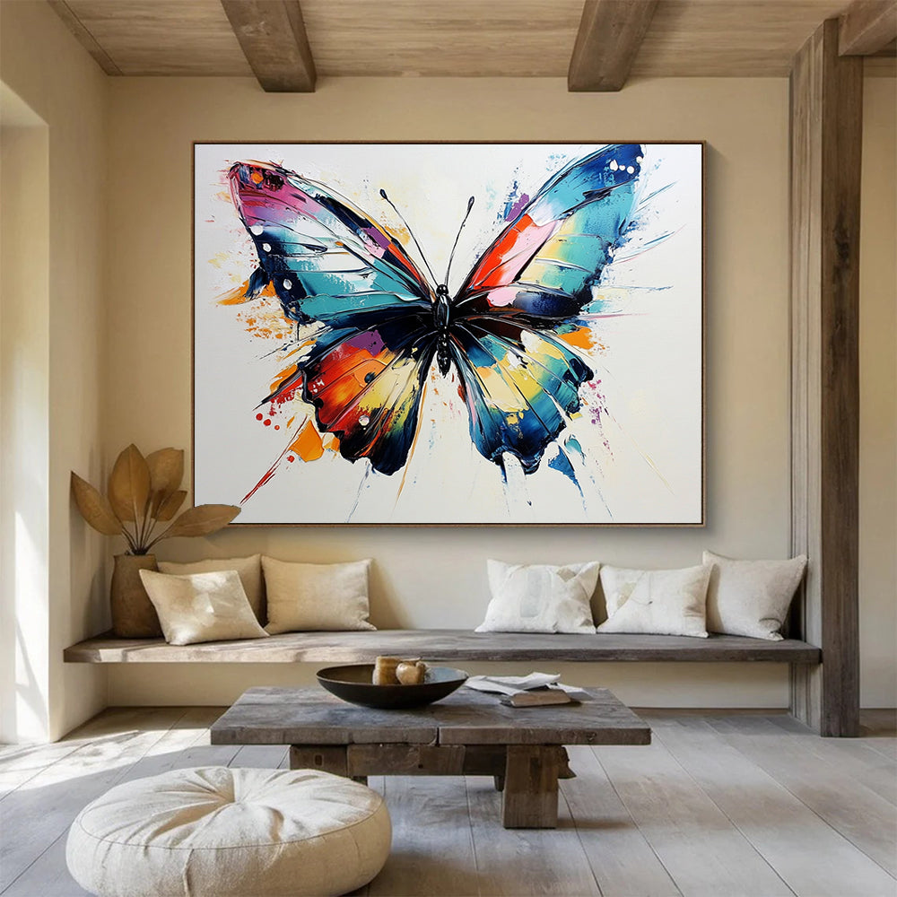 “Rainbow - Hued Butterfly” - Bright Pink, Blue, Yellow, Orange, Textured Butterfly Abstract Painting On Canvas HB0984