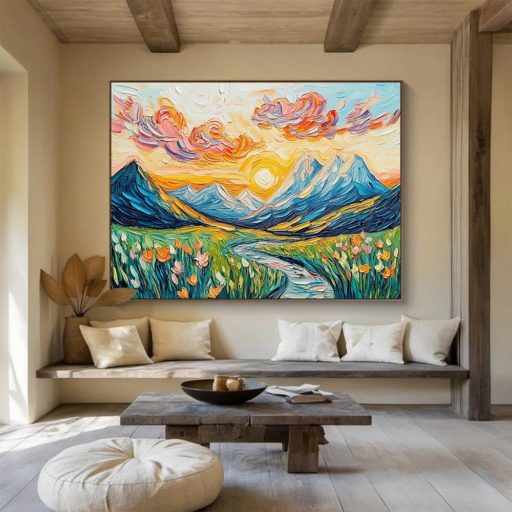 “Sunset Mountain Valley” - Colorful, Mountain, River, Flowers Painting On Canvas HB0746