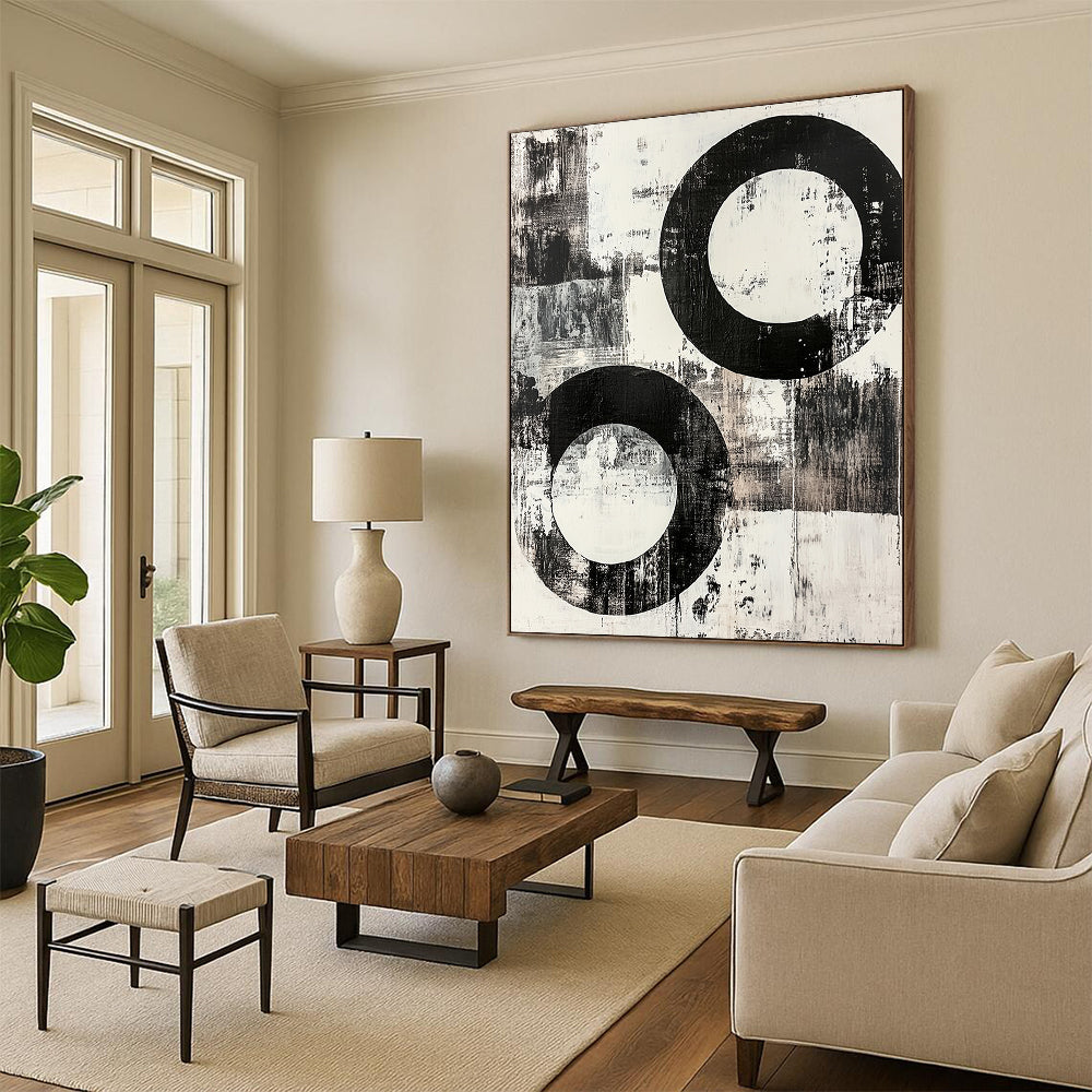 Black and White Textured Circles "Rough Harmony" Painting On Canvas HB258