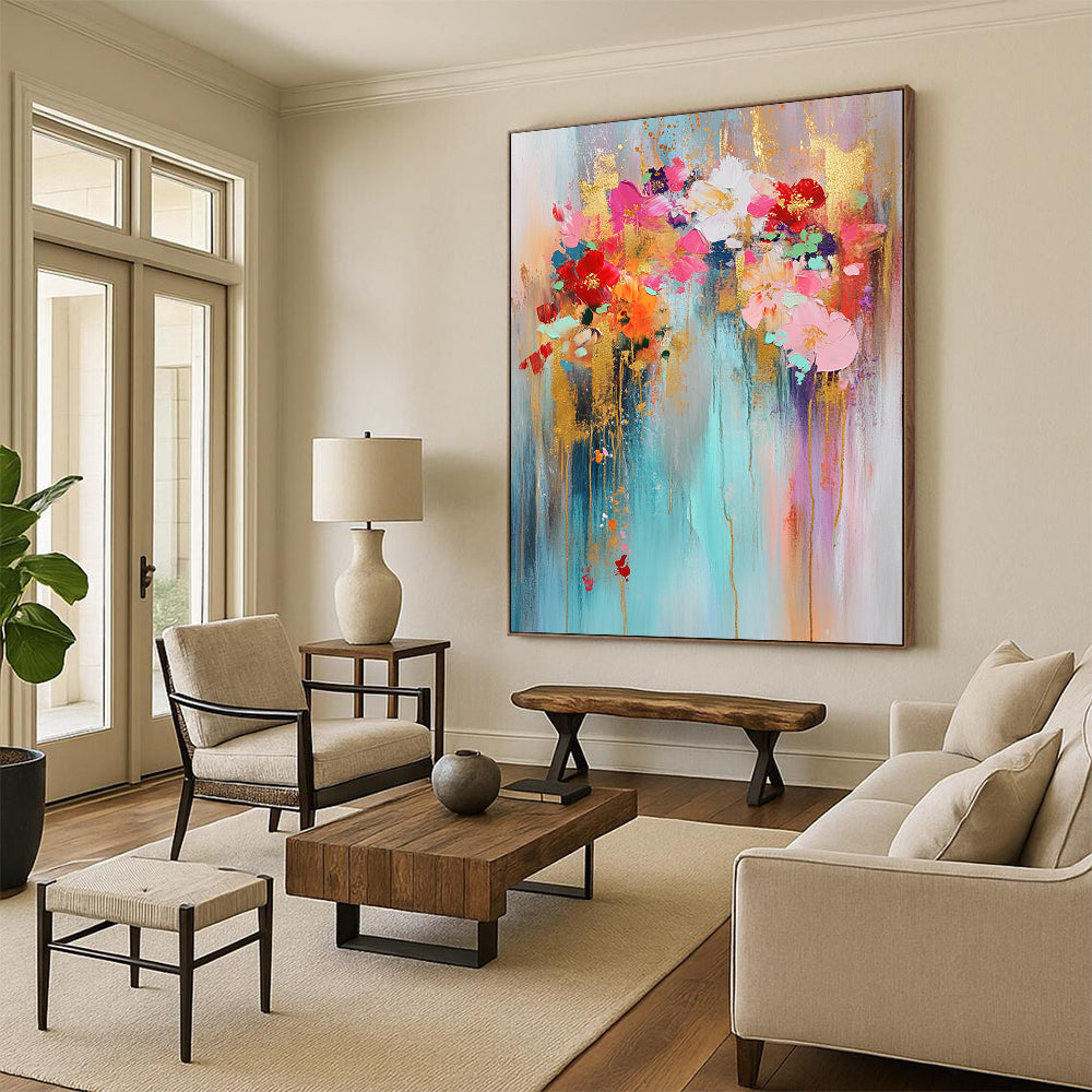 Contemporary abstract art featuring gold leaf bright colors light blue background pink and red flowers golden glitter delicate strokes and dreamy atmosphere. DLZ0742
