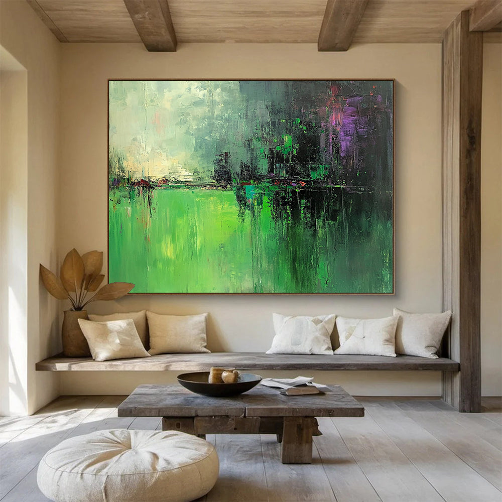 “Green Abstract Landscape” - Green, Purple, Gray, Abstract Landscape Painting On Canvas HB0989