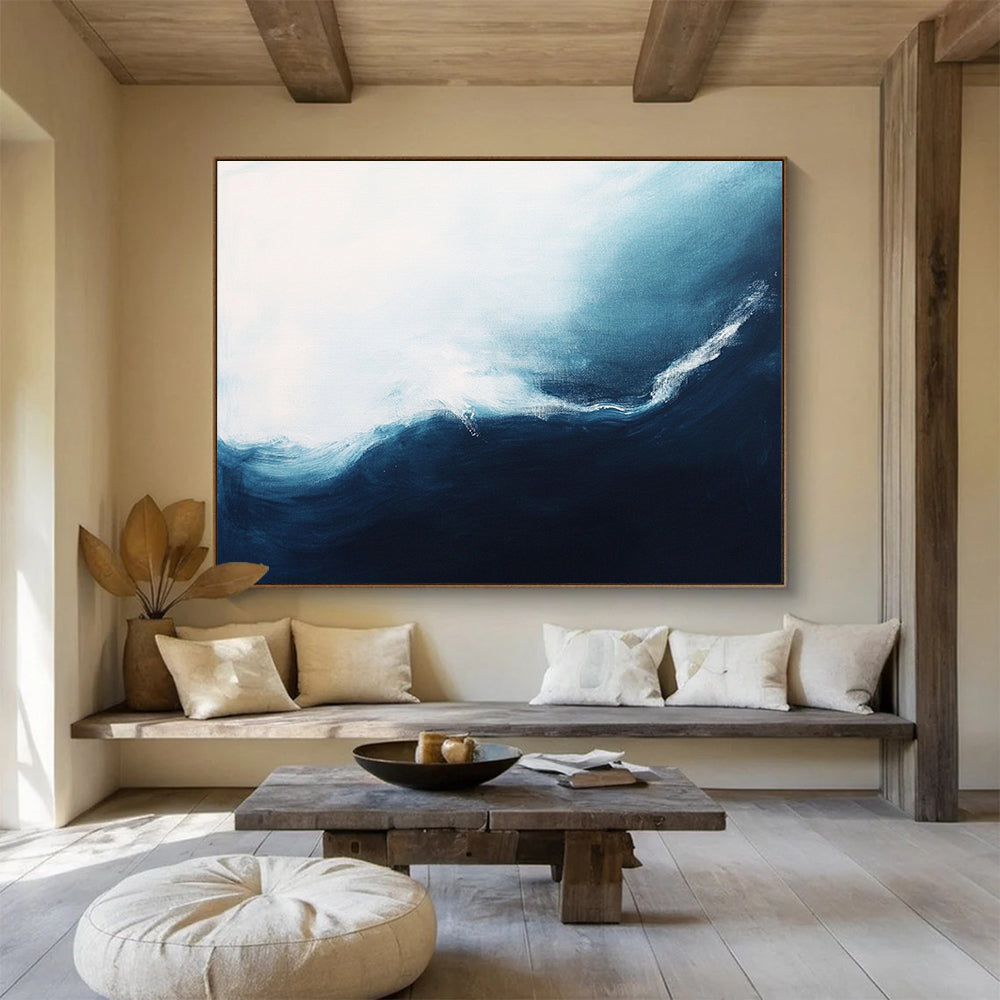 “Ocean Wave” - Soothing whites, light blues, deep navies; Abstract ocean wave; Minimalist Seascape Painting On Canvas HB1154