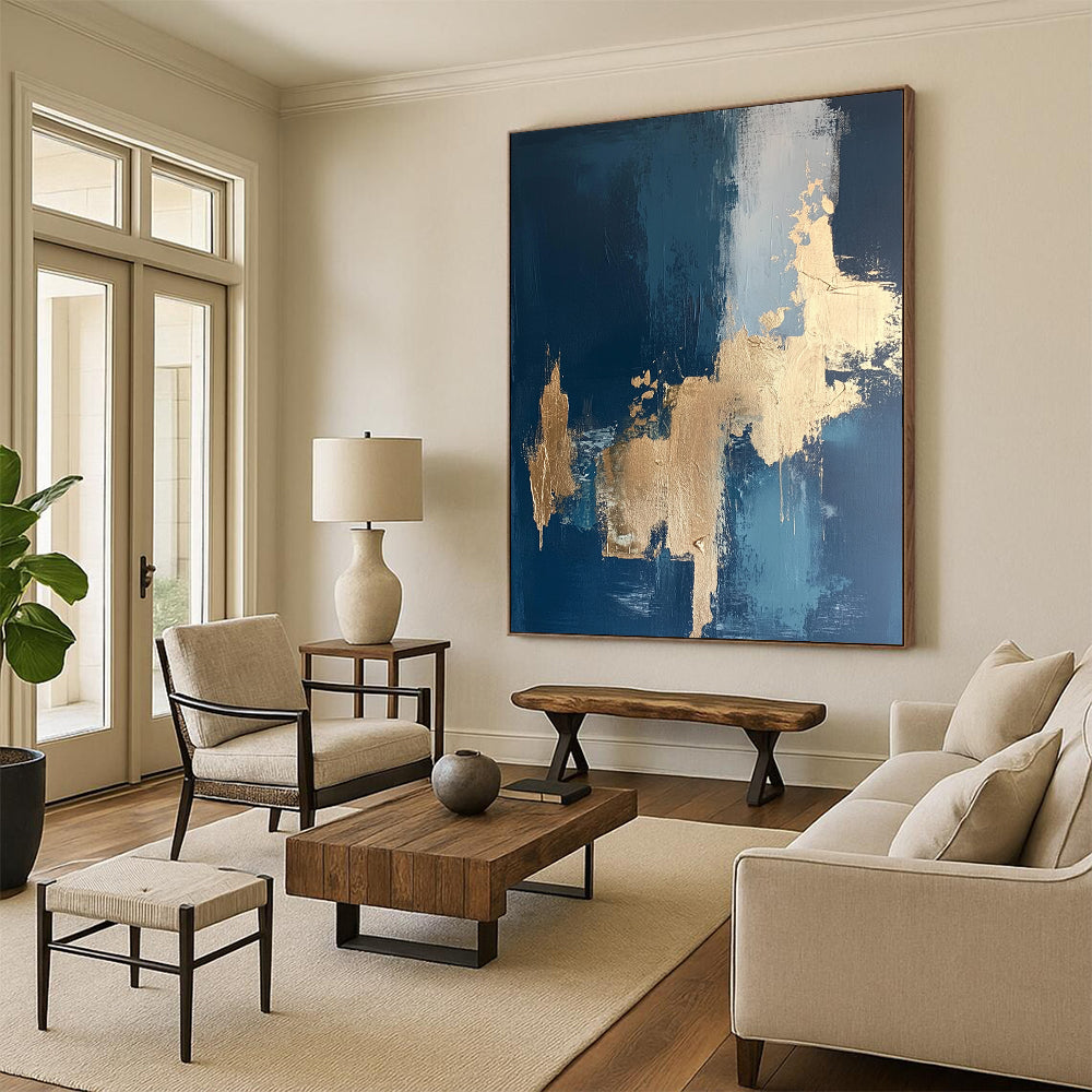 Contemporary hand-painted abstract art features intricate textures with gold leaf accents on a rich dark blue canvas. DLZ0331