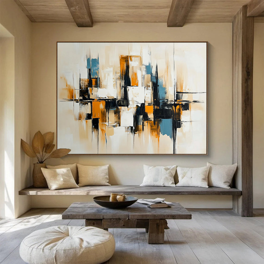 “Neutral Urban Abstraction” - Beige, Black, White, Abstract Minimalist Cityscape Painting On Canvas HB1081