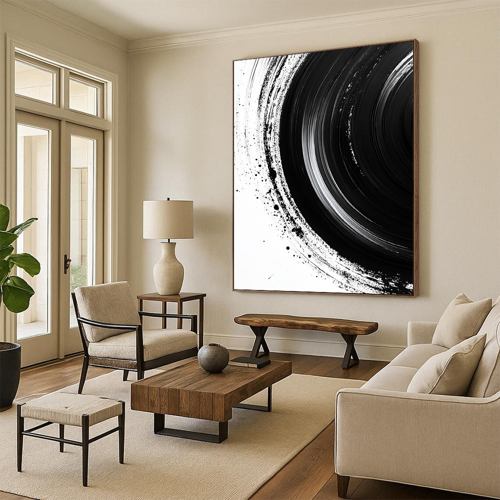 Black Concentric Brushstrokes on White - “Infinite Ink Vortex” Painting On Canvas HB217