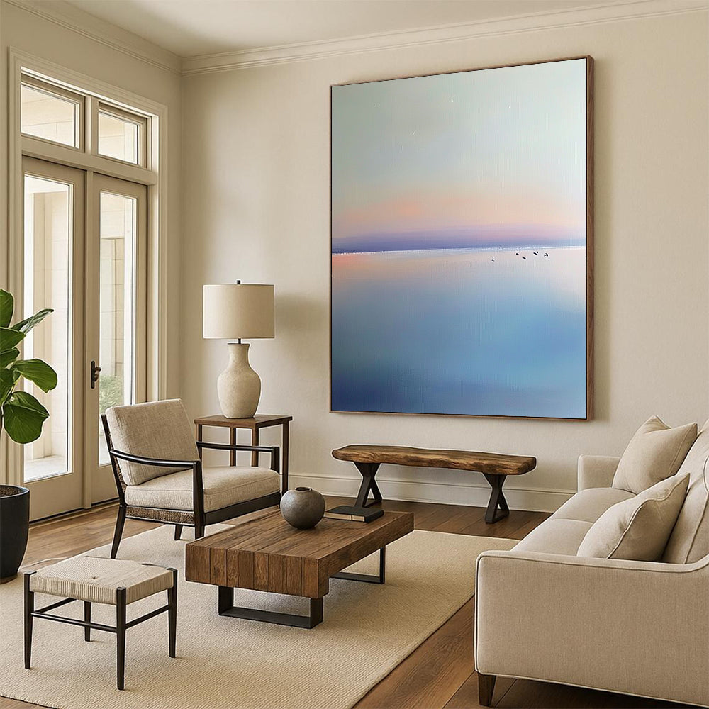 Contemporary hand-painted abstract artwork featuring a light blue and purple sky, birds, calm horizon, and serene beach in a minimalist style. DLZ0648