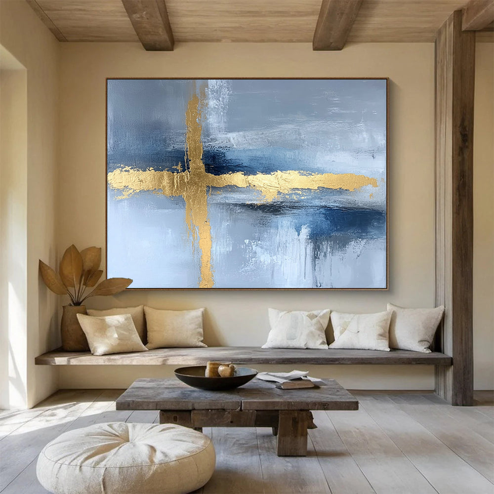 “Gold Cross on Blue - Gray Abstract” - Gold, Blue, Gray, Cross Shapes Painting On Canvas HB0816