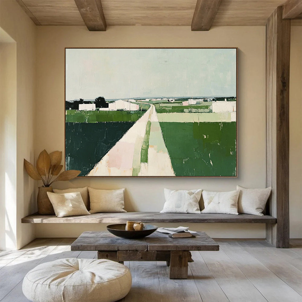 “Rural Pathway” - Green, White, Pastel Tones, Abstract Landscape - Acrylic Painting HB1480