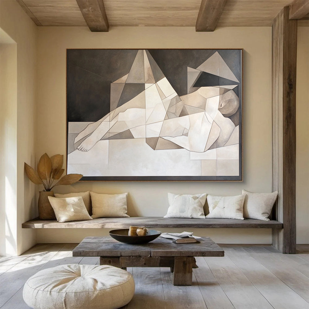 “Geometric Reclining Figure” - Neutral tones, angular shapes, Cubist - Inspired Painting On Canvas HB0570