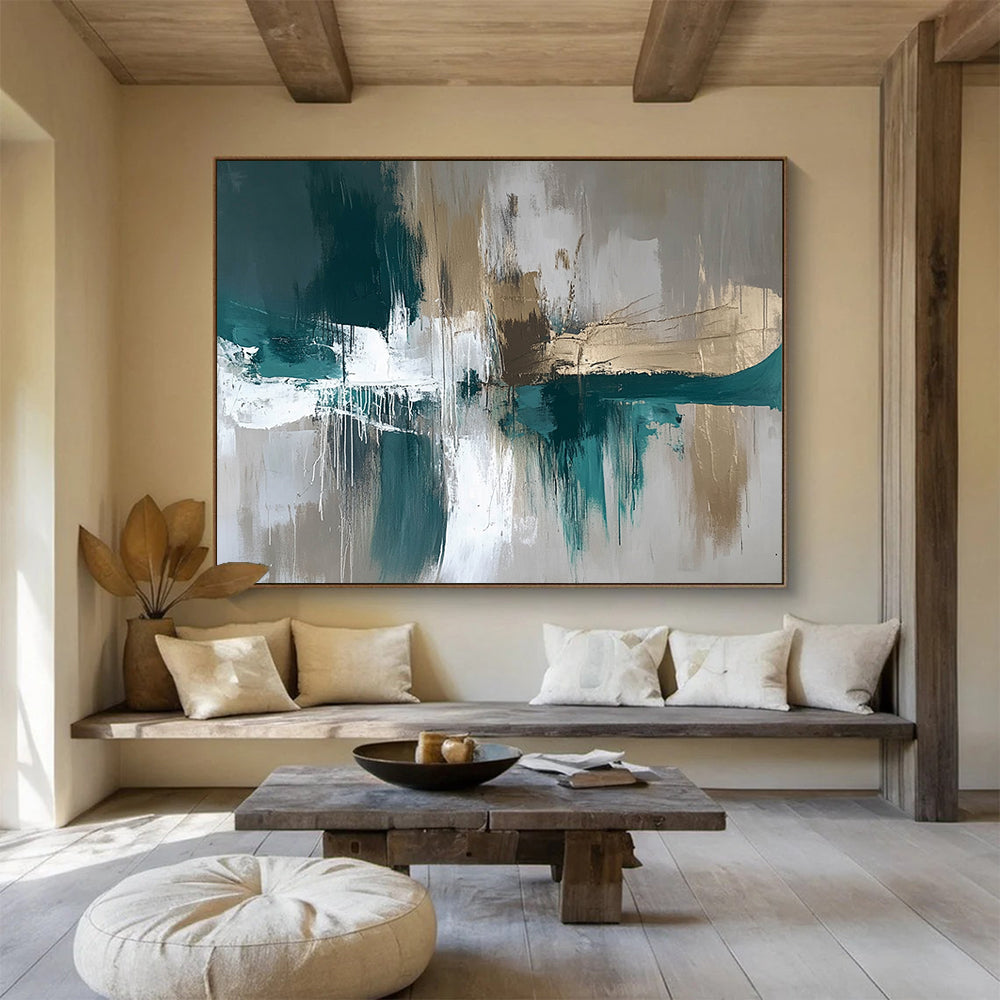 “Teal and Gold Abstract Drip” - Teal, gray, white, gold; Abstract with drip effects and gold accents; Acrylic Painting On Canvas HB1259