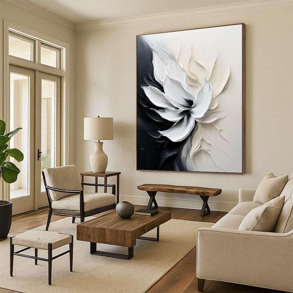 Contemporary abstract flower painting with smooth brushstrokes and monochrome palette evokes tranquility and elegance through delicate petal details and soft lighting. DLZ0828