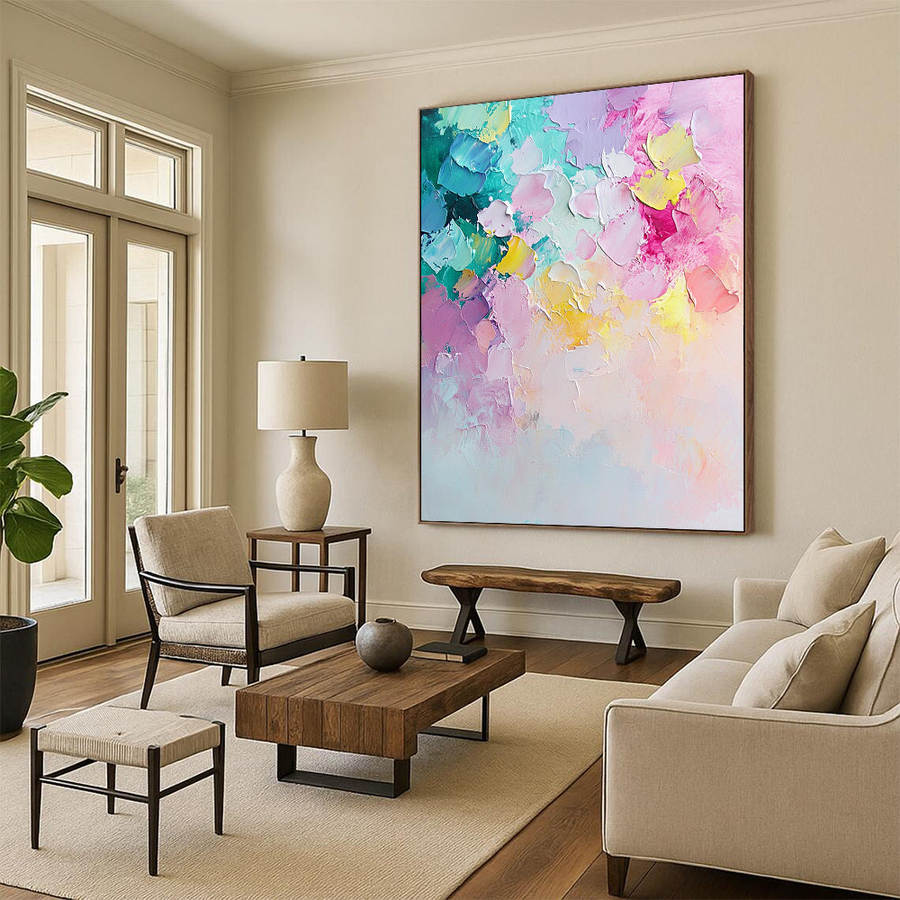 Contemporary hand-painted abstract art featuring pastel flowers in light pink and mint green with dynamic brush strokes and a textured palette knife finish. DLZ0761