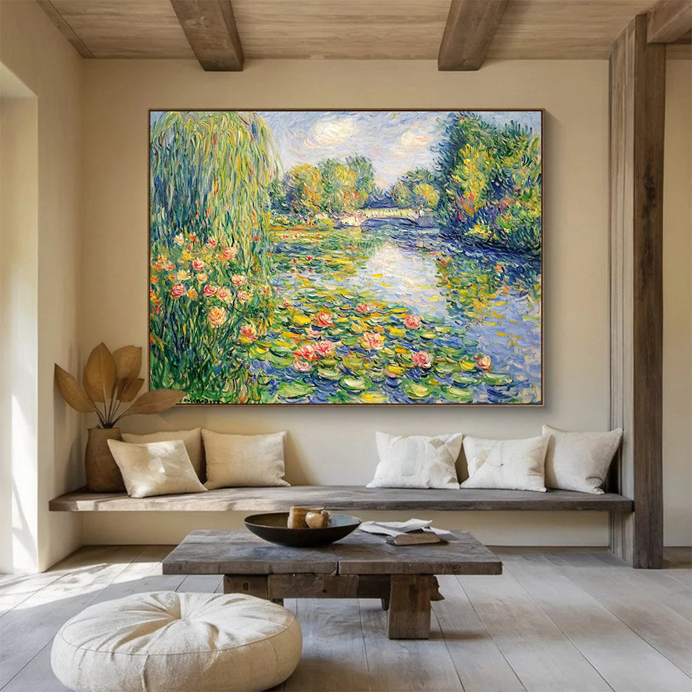 “Monet - Style Water Lilies” - Green, Blue, Pink, Classic Water Lily Scene - Impressionist Oil Painting HB1674