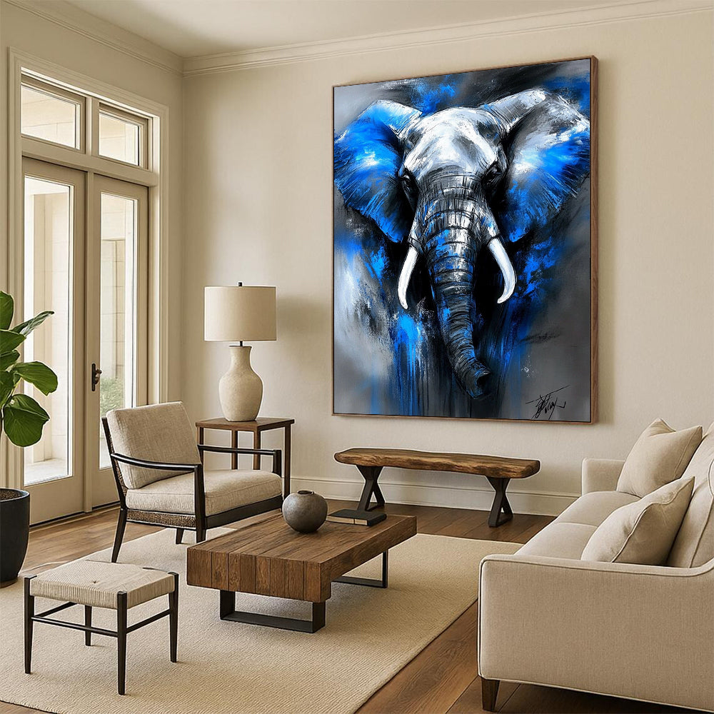 Contemporary abstract artwork featuring an elephant in blue and gray tones with expressive brushstrokes and dramatic lighting, capturing a powerful presence. DLZ1087