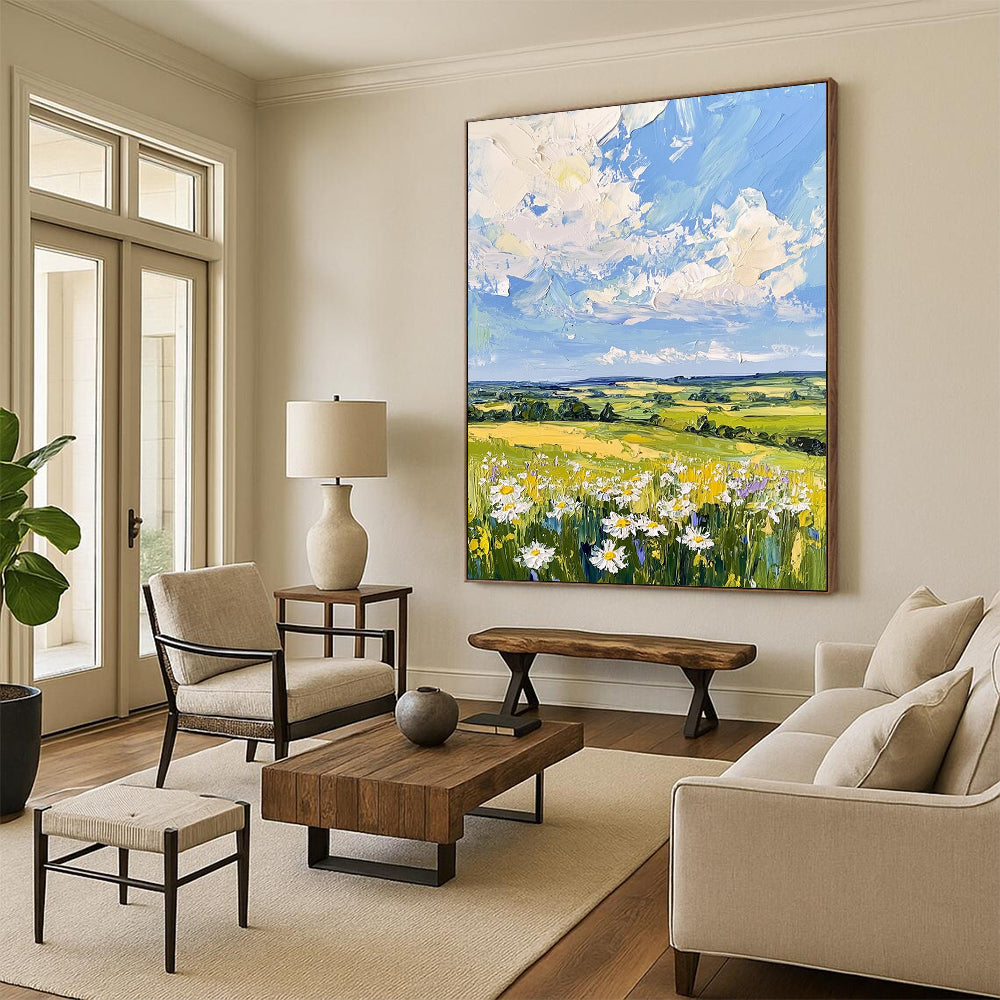 Contemporary large hand-painted abstract artwork showcasing serene English countryside with gentle hills soft blue sky and calming daisies. DLZ1421