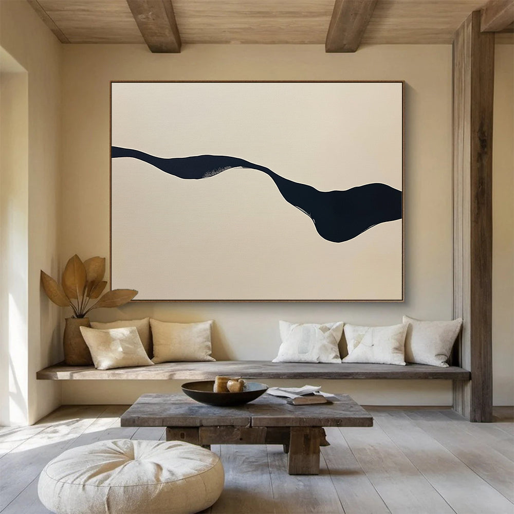 “Irregular Black Stream on Beige” - Black, Beige, Wavy Irregular Form - Abstract Acrylic Painting HB1667