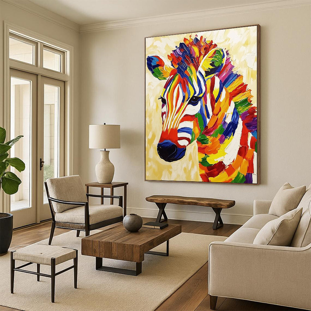 Vibrant contemporary abstract painting featuring a textured zebra on a beige background radiating cheerful energy and bold colors. DLZ1401
