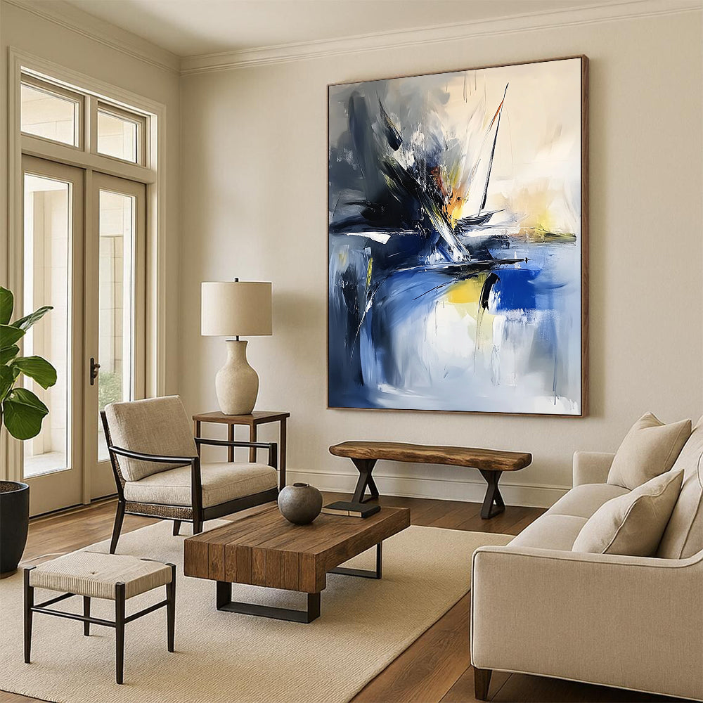 Modern abstract painting showcasing thick brush strokes and textured palette knife techniques in vibrant sea-inspired colors featuring a small sailboat in the corner. DLZ0957