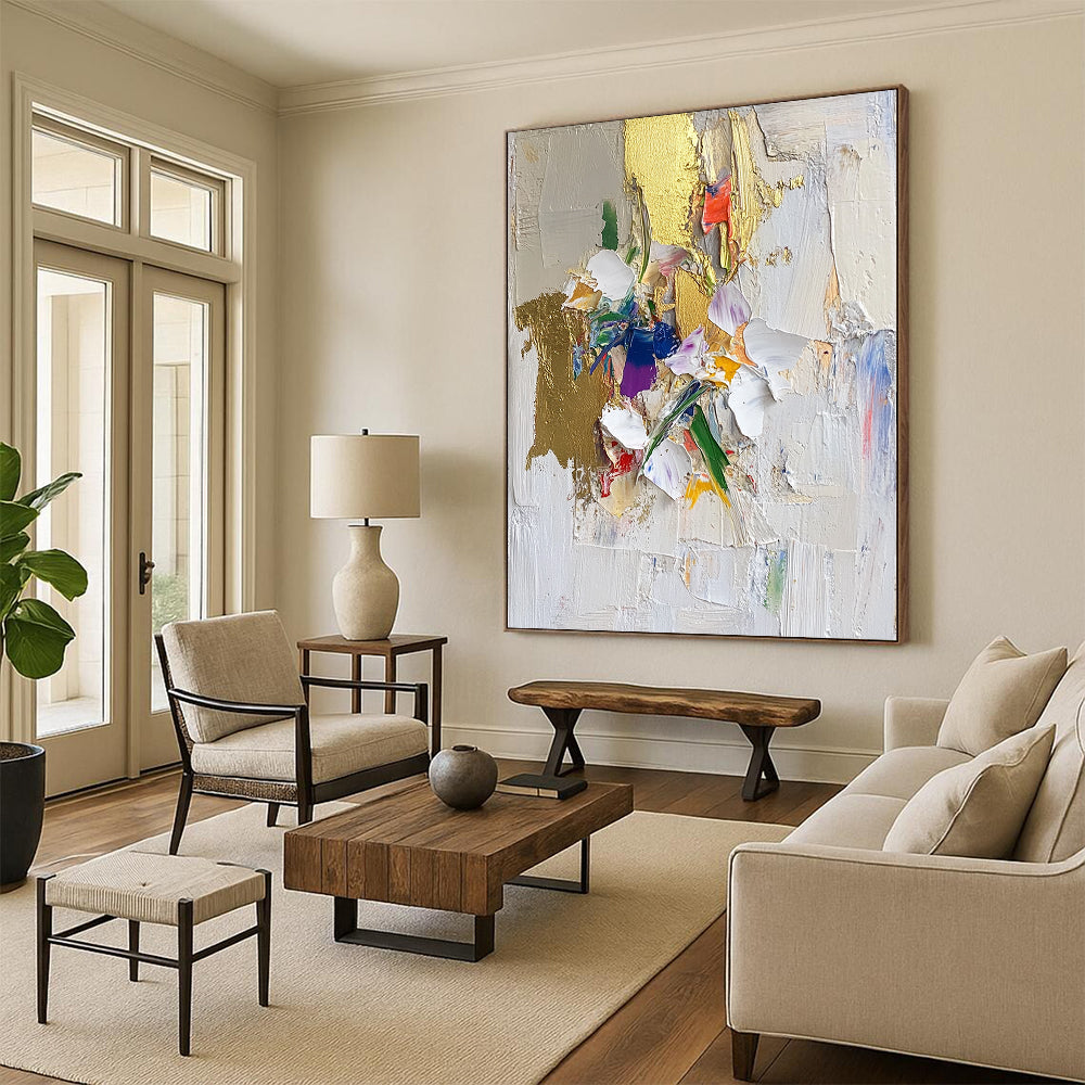 Contemporary abstract art featuring textured brushstrokes gold leaf accents floral motifs on a white backdrop with a collage-style composition. DLZ0635