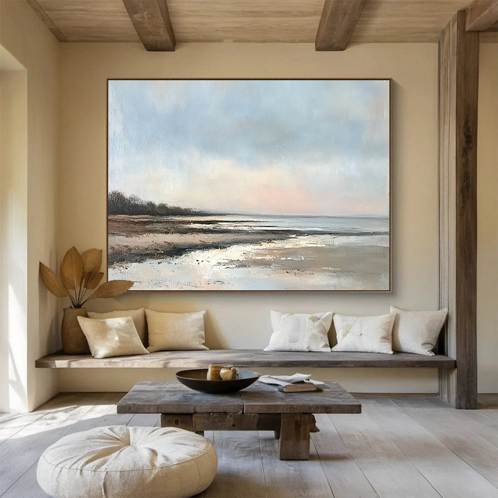 “Serene Coastal Shore” - Blues, Browns, Whites, Beach Scene - Realist Oil Painting HB1594